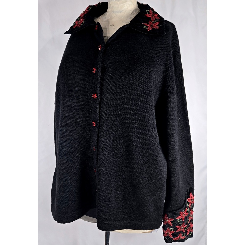 Heirloom Collectibles Christmas‎ Cardigan Sweater Poinsettia Beaded Black M